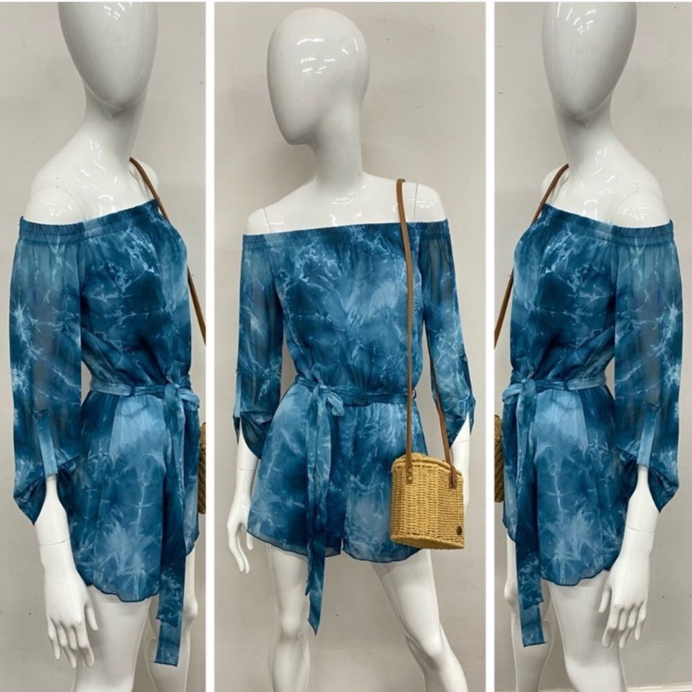 NWOT Belted Teal Blue Tie-Dye Off the Shoulder Romper